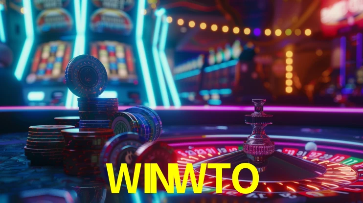 Una escena digital vívida inspirada en casino con WINWTO mostrado prominentemente, luces brillantes, fichas, cartas y acentos dorados.