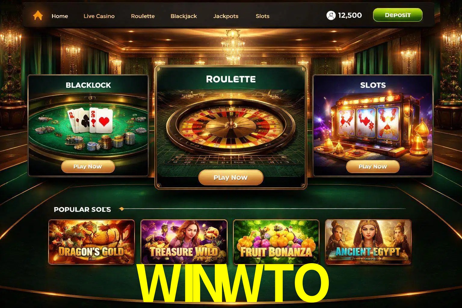 Vista de la plataforma WINWTO Casino mostrando categorías organizadas de juegos en línea